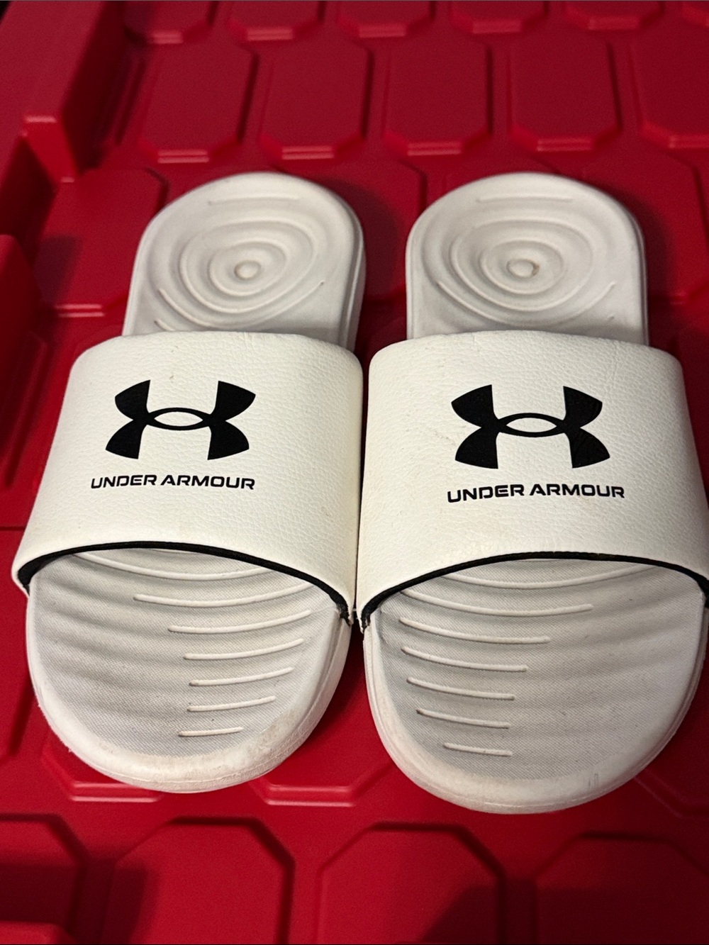 Under Armour Mens White Slide Sandals with Black Logo